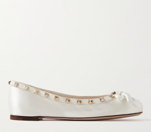 Rockstud leather bow embllished satin ballet flat shoe