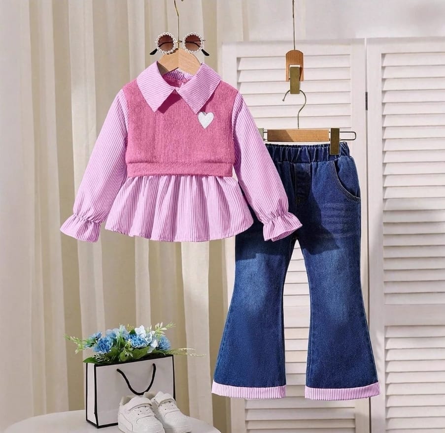 Trendy Girls' 2-Piece Sweater Vest Outfit | Kids Flare Jeans & Striped Blouse Set | Norion Luxury