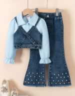 Norion Luxury Girls' Layered Denim Flare Set | Pearl Embellished Jeans & Blouse | Ages 4-7yrs
