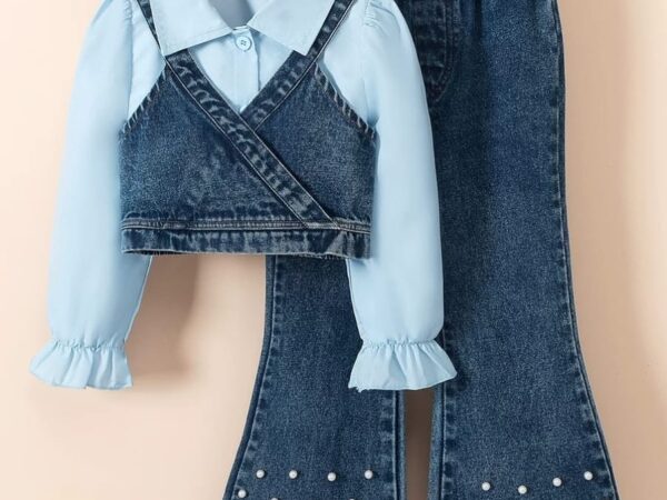 Norion Luxury Girls' Layered Denim Flare Set | Pearl Embellished Jeans & Blouse | Ages 4-7yrs