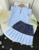 Irresistible Girls' Denim Pleated Skirt Set | Ruffle Neck Top & Bow Details | Norion Luxury