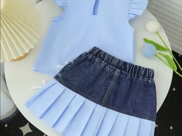 Irresistible Girls' Denim Pleated Skirt Set | Ruffle Neck Top & Bow Details | Norion Luxury