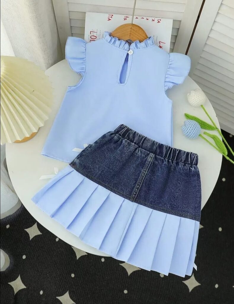 Irresistible Girls' Denim Pleated Skirt Set | Ruffle Neck Top & Bow Details | Norion Luxury
