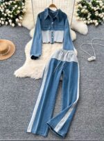 Irresistible Ladies Mixed-Media Two-Piece Set | Half-and-Half Grey Fabric & Denim Co-ord | Sizes S to XL