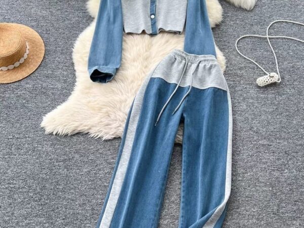Irresistible Ladies Mixed-Media Two-Piece Set | Half-and-Half Grey Fabric & Denim Co-ord | Sizes S to XL