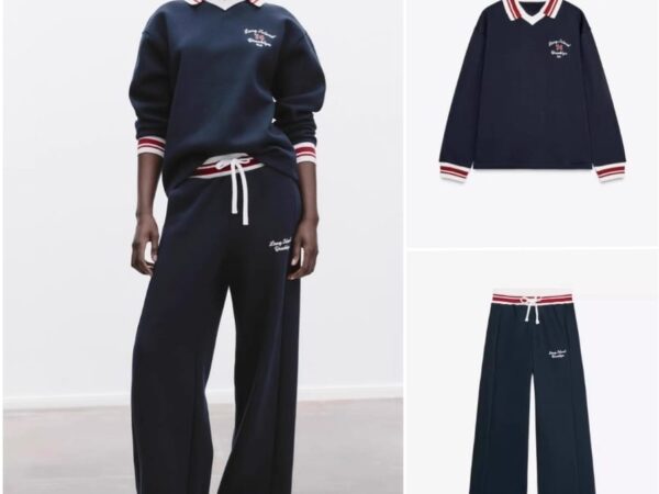 Norion Luxury Navy Oversized Polo Collar Sweatshirt & Wide-Leg Joggers Set