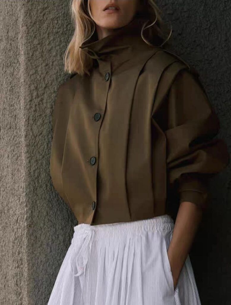 Zara Style Pleated Lightweight Bomber Jacket - Zip-Up, Ribbed Trim, Brown | £30