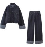 Zara Style Dark Indigo Denim Set: Oversize Jacket & Wide-Leg Turnup Jeans | £50