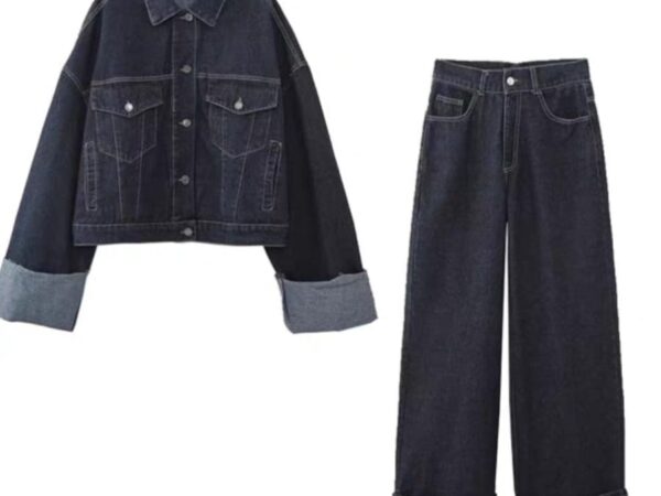 Zara Style Dark Indigo Denim Set: Oversize Jacket & Wide-Leg Turnup Jeans | £50
