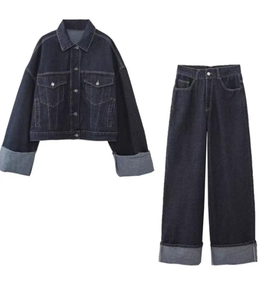 Zara Style Dark Indigo Denim Set: Oversize Jacket & Wide-Leg Turnup Jeans | £50