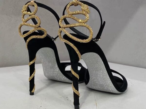 Women's Luxury Serpent Stiletto Heels - Black Suede & Gold Snake Detail | Sizes 32 to 45