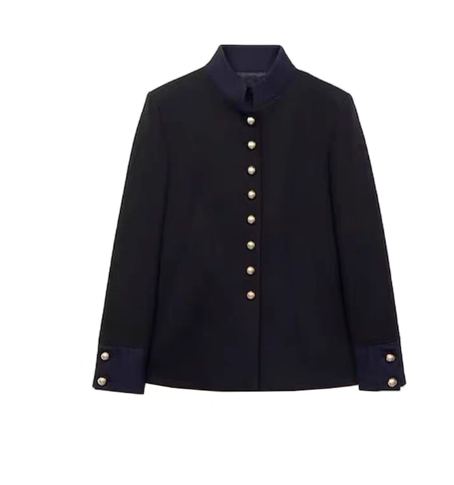 Norion Luxury Black Military-Style Stand-Up Collar Jacket with Gold Buttons