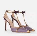 Women's Designer T-Strap Stiletto Heels - Bow Detail & Gold Cap Toe | Sizes 32 to 45