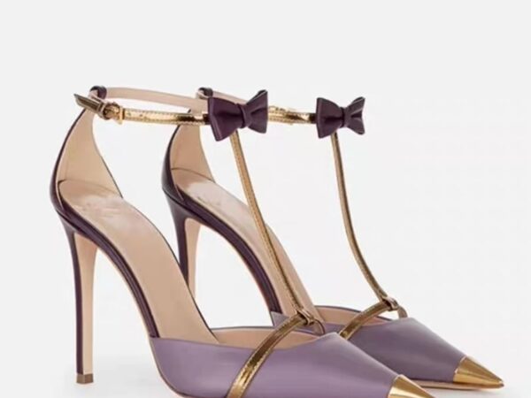 Women's Designer T-Strap Stiletto Heels - Bow Detail & Gold Cap Toe | Sizes 32 to 45