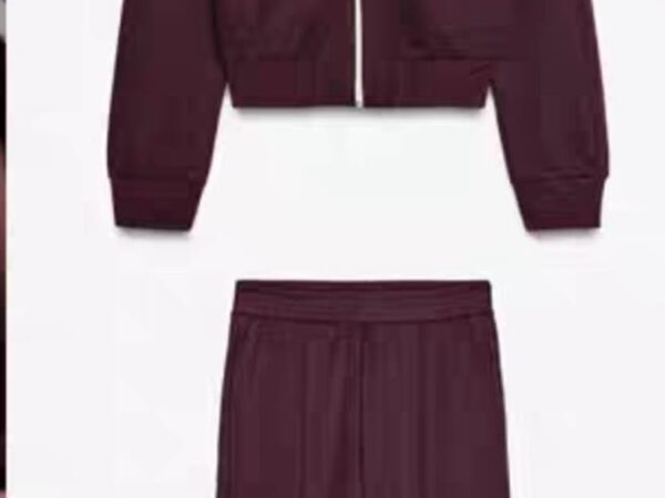 Zara Style Varsity Stripe Tracksuit Set - Deep Red / Maroon Zip-Up & Wide-Leg Trousers | £50