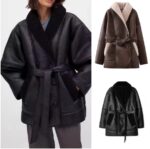 Norion Luxury Shearling Lined PU Faux Fur Belted Aviator Jacket