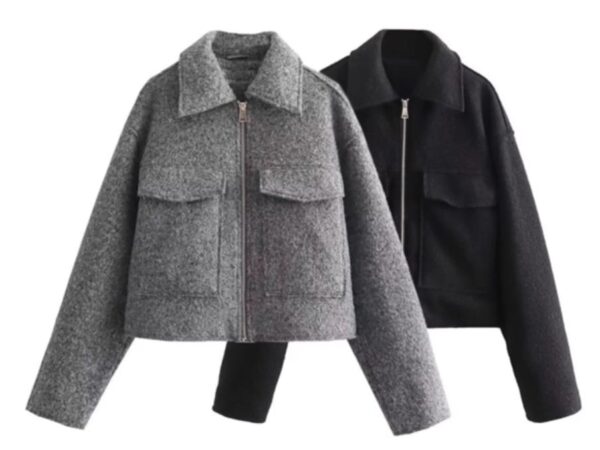 Zara Style Cropped Boxy Jacket - Wool-Look, Zip & Flap Pockets | Black & Grey | £30