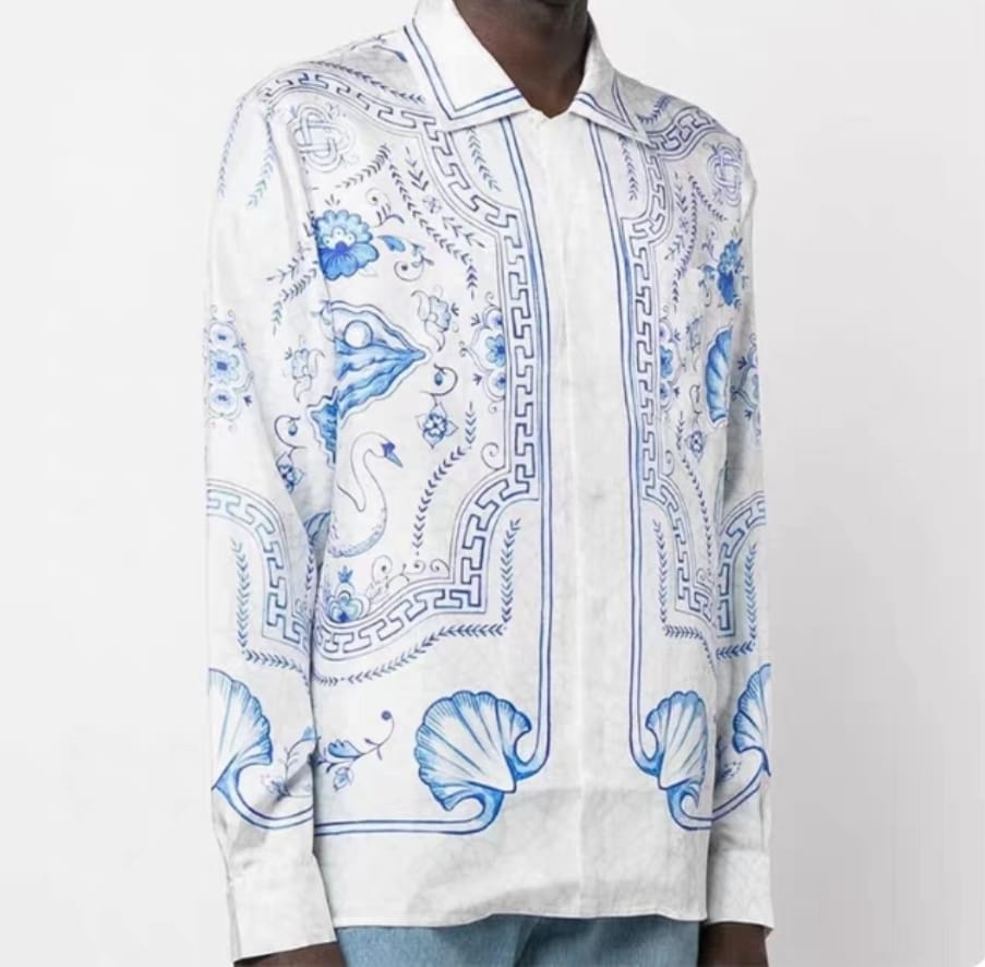 Luxury Silk Satin Shirt - Sky Blue & Cream White | Flowing Fit | £40