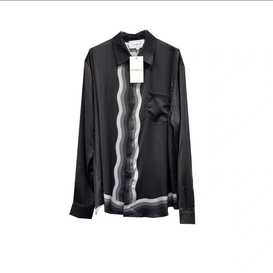 Norion Luxury Casablanca-Style Wave-Print Black Silk Shirt - Men's Embroidered Heart Dress Shirt