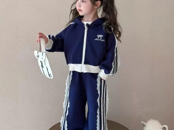 Girls' Fashion Tracksuit Set - Wide-Leg Joggers, Bow Detail & Lace Stripe | Ages 1-8