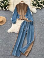 Irresistible Ladies Mixed-Media Two-Piece Set | Half-and-Half Cream Fabric & Denim Co-ord | Sizes S to XL