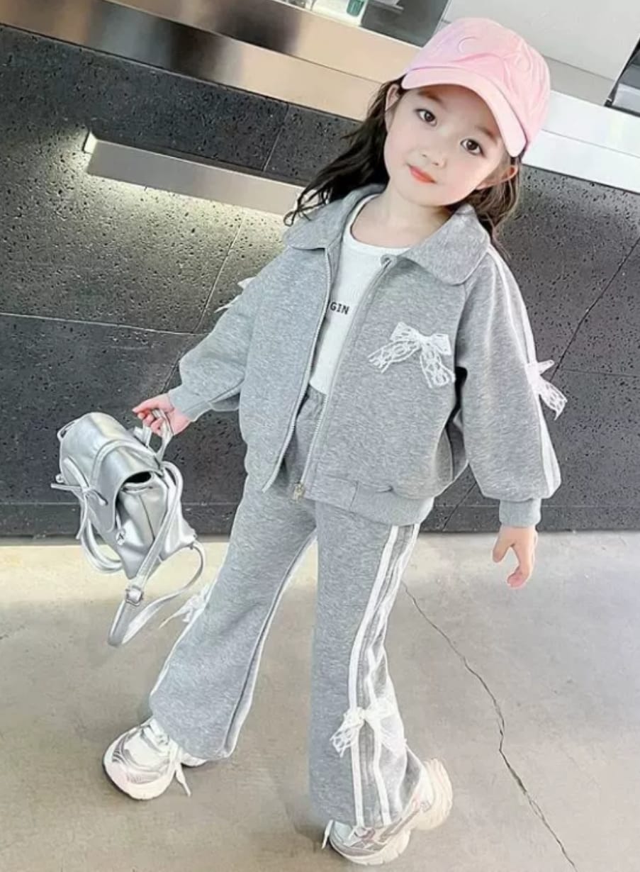 Girls' Fashion Tracksuit Set - Wide-Leg Joggers, Bow Detail & Lace Stripe | Ages 1-8
