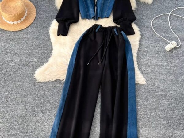 Irresistible Ladies Mixed-Media Two-Piece Set | Half-and-Half Vibrant Blue Fabric & Denim Co-ord | Sizes S to XL