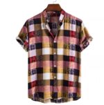 Norion Luxury Men's Artist Plaid Grandad Collar Shirt - Patchwork Check Short Sleeve Summer Shirt