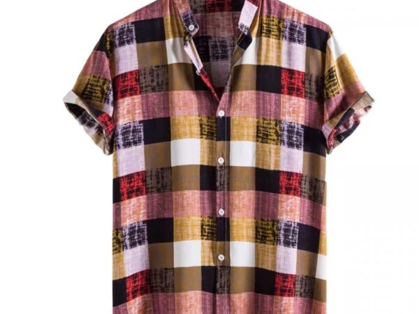 Norion Luxury Men's Artist Plaid Grandad Collar Shirt - Patchwork Check Short Sleeve Summer Shirt