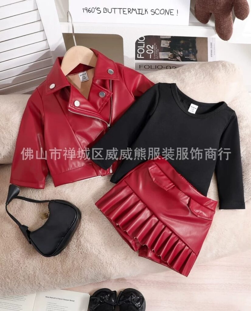 Girls' Designer 3-Piece Set - Faux Leather Jacket, Top & Pleated Skort | 3M to 3Y