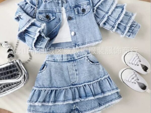Girls' 3-Piece Denim Set - Button-Up Jacket, Crop Top & Skirt Outfit | Ages 1-8