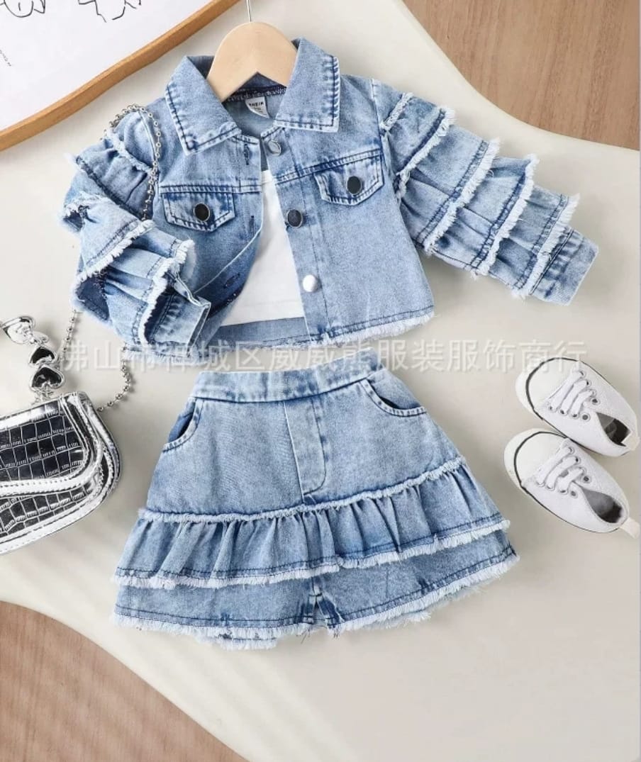 Girls' 3-Piece Denim Set - Button-Up Jacket, Crop Top & Skirt Outfit | Ages 1-8