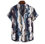 Norion Luxury Abstract Marble Print Cuban Collar Shirt - Coastal Blue & Sunset Red Short Sleeve