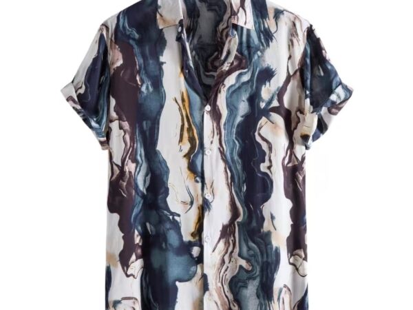 Norion Luxury Abstract Marble Print Cuban Collar Shirt - Coastal Blue & Sunset Red Short Sleeve