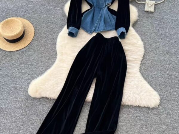 Irresistible Ladies Mixed-Media Two-Piece Set | Half-and-Half Bold Red Fabric & Denim Co-ord | Sizes S to XL