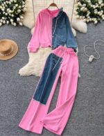 Irresistible Ladies Mixed-Media Two-Piece Set | Half-and-Half Black/Grey Fabric & Denim Co-ord | Sizes S to XL