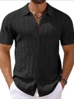 Norion Luxury Men's Cable Knit Button-Up Polo Shirt - Textured Short Sleeve Retro Resort Wear