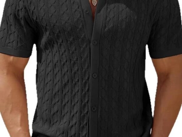 Norion Luxury Men's Cable Knit Button-Up Polo Shirt - Textured Short Sleeve Retro Resort Wear