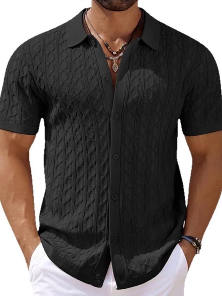 Norion Luxury Men's Cable Knit Button-Up Polo Shirt - Textured Short Sleeve Retro Resort Wear