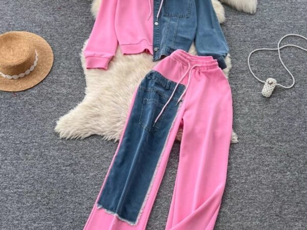 Irresistible Ladies Mixed-Media Two-Piece Set | Half-and-Half Black/Grey Fabric & Denim Co-ord | Sizes S to XL