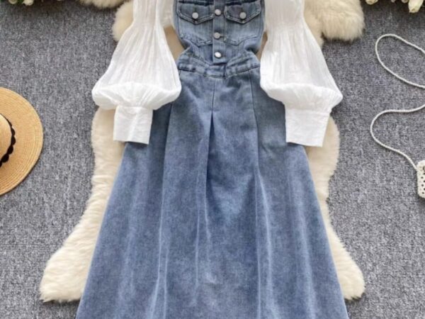 Irresistible Ladies Denim Overall Dress TWO-PIECE Set | Pinafore & Long-Sleeve Blouse Co-ord | Sizes S to 2XL