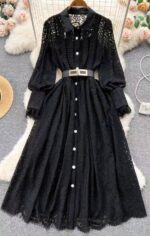 Classic Black Lace Midi Dress - Vintage Collar & Gold Buckle Belt | Norion Luxury