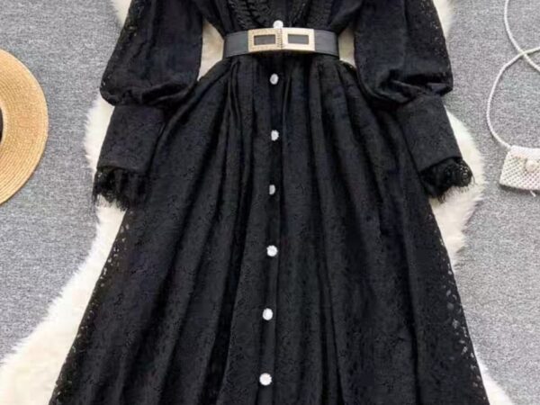 Classic Black Lace Midi Dress - Vintage Collar & Gold Buckle Belt | Norion Luxury