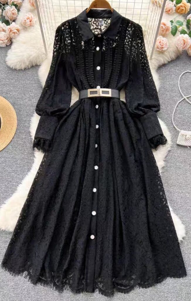 Classic Black Lace Midi Dress - Vintage Collar & Gold Buckle Belt | Norion Luxury