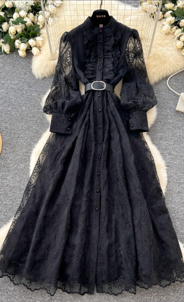 Victorian Style Modest Maxi Dress - Ruffle Front & Embroidered Mesh | Norion Luxury