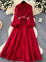 Vintage Lace Maxi Dress - Stand Collar & Bubble Sleeves | Norion Luxury