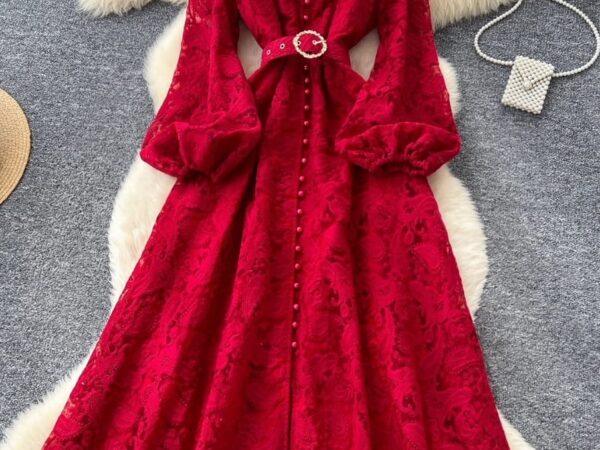 Vintage Lace Maxi Dress - Stand Collar & Bubble Sleeves | Norion Luxury