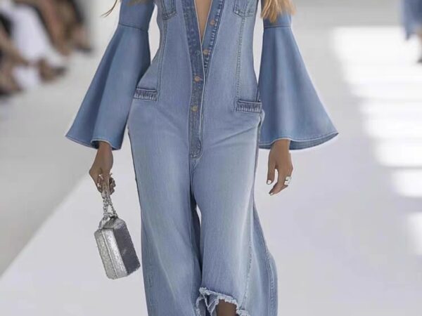 Light blue denim jumpsuit that blends vintage bohemian flair with modern, edgy details.
