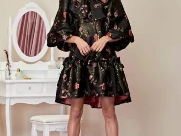 Floral jacquard mini dress in black with a bow neck tie