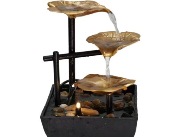 3-tier golden lotus leaf indoor tabletop fountain with LED lighting and river stones